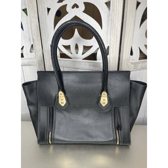 Henri Bendel Handbag Black Leather Top Handle Gold Hardware Classic Foldover - Picture 1 of 10